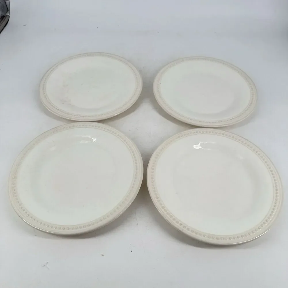 Pier 1 White Salad Plates 8 1/2” Set of 4 Beaded Rim BPA Free Dishwasher Safe